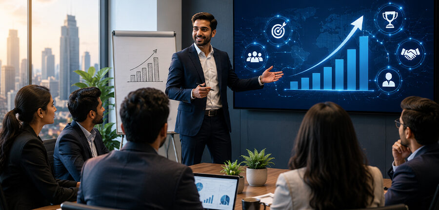 Sales professionals participating in an advanced sales training workshop using role-play exercises, AI-powered sales tools, and customer engagement strategies to improve performance.