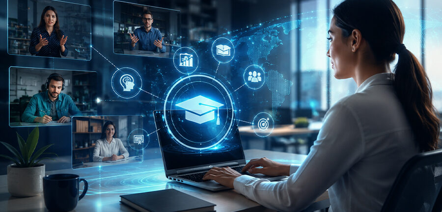 Employees accessing interactive corporate learning modules on a digital LMS platform with progress tracking, gamified lessons, and personalized training paths.