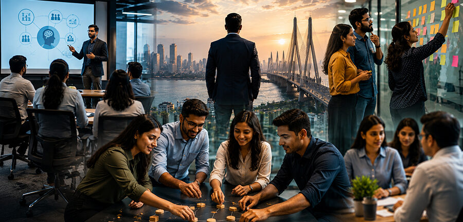 Employees solving real-world business challenges during an experiential learning workshop focused on leadership, teamwork, and decision-making.