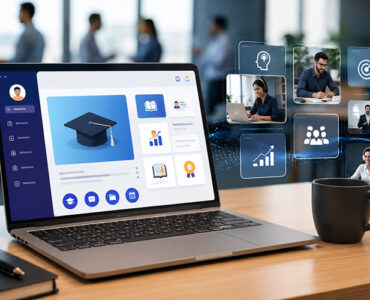 Employees accessing personalized learning through a corporate training LMS with interactive dashboards, skill tracking, collaborative learning modules, and performance analytics.