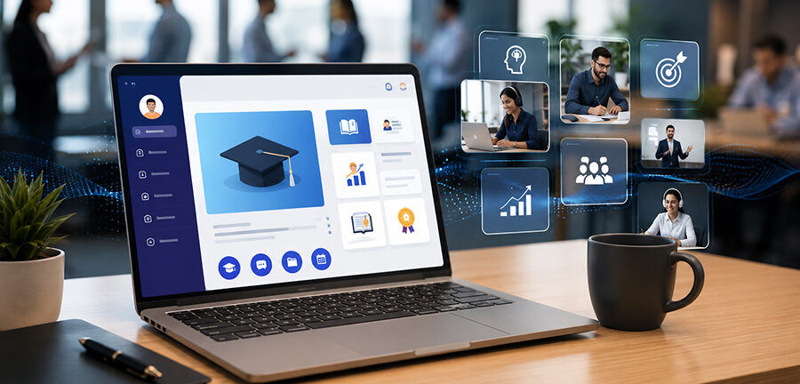 Employees accessing personalized learning through a corporate training LMS with interactive dashboards, skill tracking, collaborative learning modules, and performance analytics.