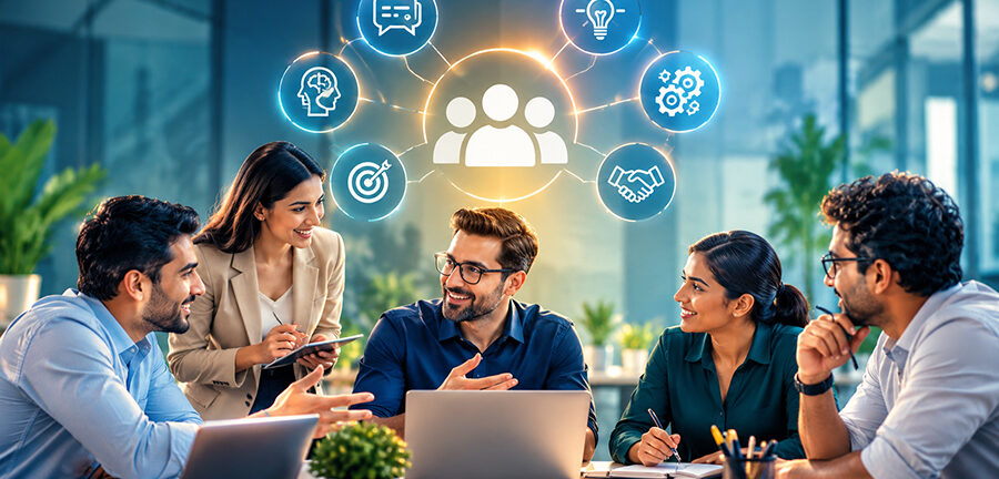 Corporate employees engaged in a collaborative problem-solving activity designed to strengthen interpersonal skills and build more effective workplace relationships.
