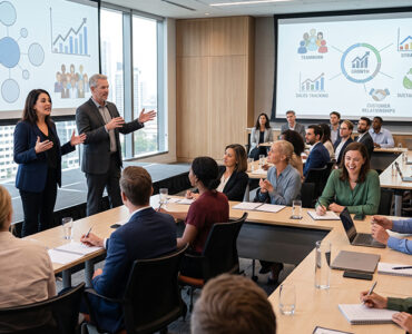 Business leaders and sales professionals collaborating during a strategic leadership and commercial excellence training session focused on sustainable growth.
