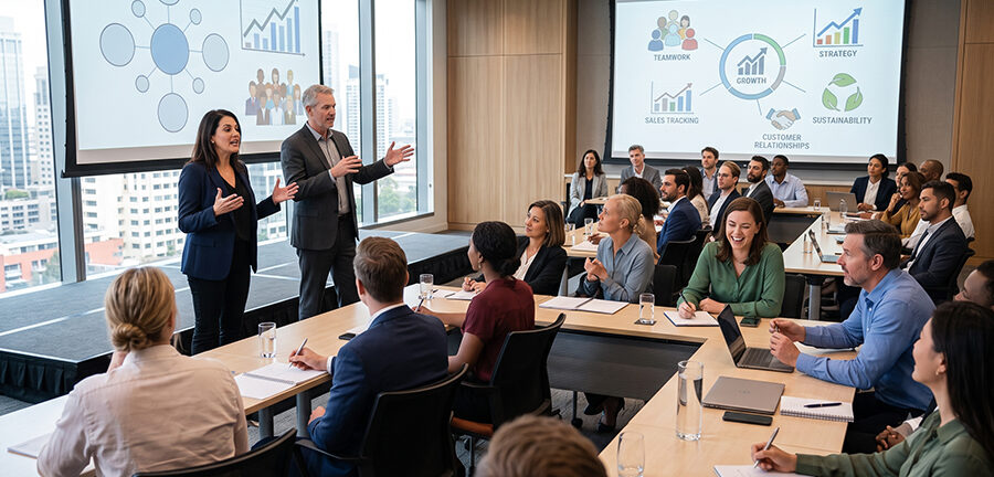 Business leaders and sales professionals collaborating during a strategic leadership and commercial excellence training session focused on sustainable growth.