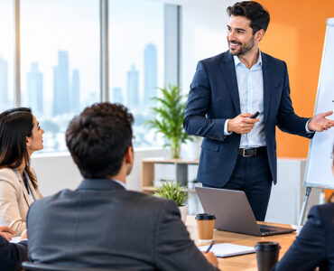 Business professionals evaluating corporate training solutions