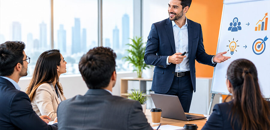 Business professionals evaluating corporate training solutions
