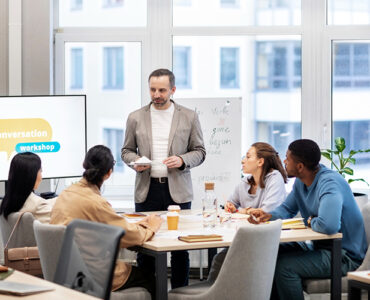 Employees engaging with a corporate learning platform