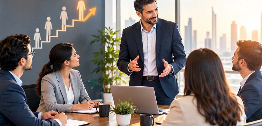 Employees developing leadership skills through mentoring and practical workplace experience